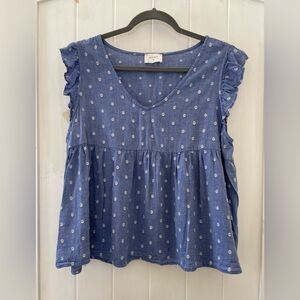 Everly Blue Polka Dot Ruffle Babydoll Top Blouse Size XL Cotton Blend